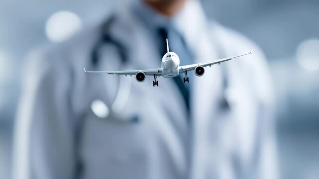 A doctor points at a floating airplane model, symbolizing the concept of medical tourism or healthcare travel.