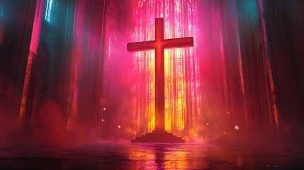 A surreal digital artwork of a glowing wooden crucifix inside a cathedral, stained glass pulsing with ethereal light, surreal floating orbs, dreamlike ambiance. Background dissolving into light.