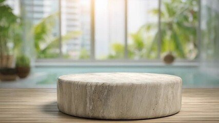 Minimalist marble pedestal on wooden planks with tropical foliage background suitable for product display or luxury branding presentation.