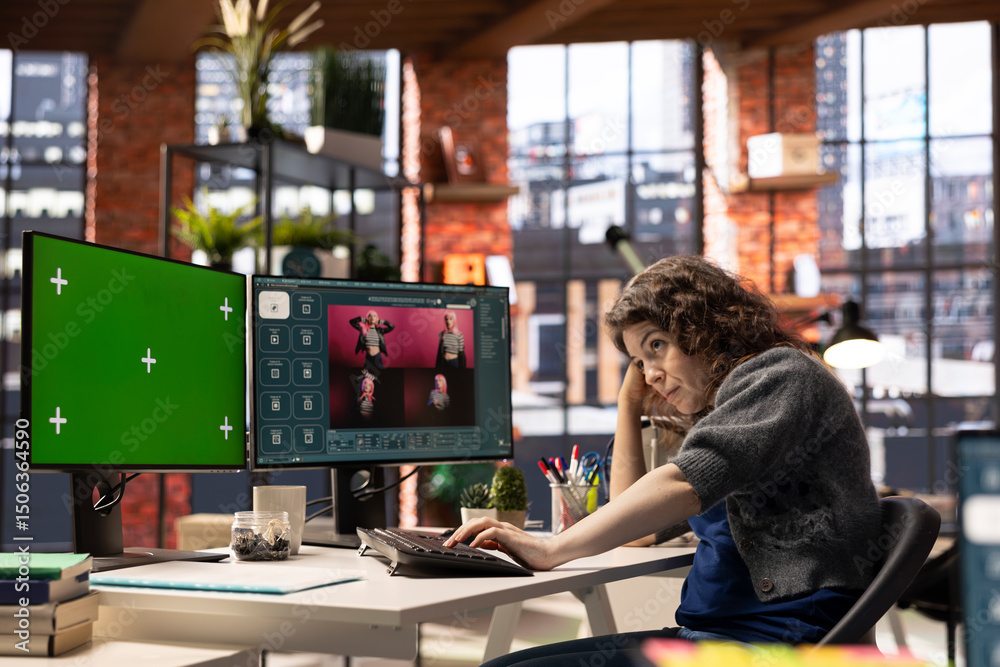 Poster focused woman using ai chatbot software and copy space display, turning text prompt into photos for 