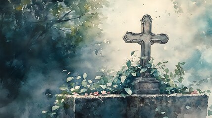 An artistic watercolor painting of a rustic crucifix on ivy-clad stone, soft washes of green and gray, subtle light filtering through leaves. Background of peaceful garden, scattered petals,