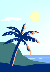 Landscape scene with mountain peaks, hill, lake vector illustration background.