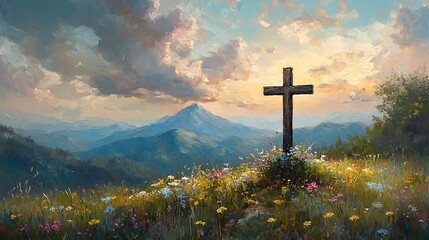 An impressionist painting of a crucifix on a mountain, clouds softly rolling across canvas, light shimmering through, expressive brushstrokes. Rolling peaks in distance, wildflowers in foreground.