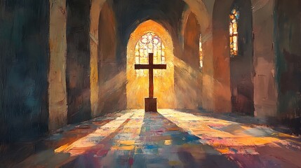An impressionist painting of a wooden crucifix bathed in stained glass light, soft flowing brushstrokes, delicate play of color and shadow, dreamy atmosphere.