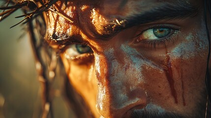 Cinematic close-up of Christ’s face on cross, crown of thorns casting sharp shadows, eyes filled with pain and compassion, sunset light warming skin tones. Soft blurred background.