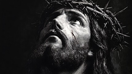 Engraving-style illustration close-up of Christ’s face, sharp etched lines, detailed crown of thorns, intense gaze, dramatic shadows. Blank background emphasizing face. Monochrome palette, engraving,