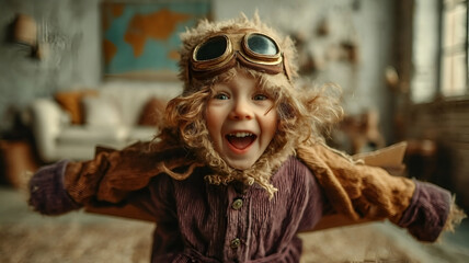A young dreamer dressed as an aviator with cardboard wings imagines soaring high among the clouds