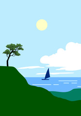 Landscape scene with mountain peaks, hill, lake vector illustration background.