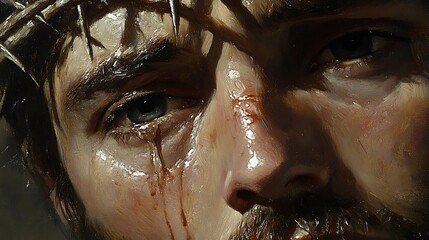 Oil painting close-up of Christ’s anguished face, crown of thorns detailed, eyes half-closed, subtle tear on cheek, muted background. Rough brush texture, deep shadows. Warm ochre palette,