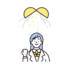 笑顔でガッツポーズをする女子高校生の上半身とくす玉のシンプルなイラスト素材