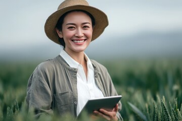 Happy Farmer Using Tablet in Wheat Field: Asian Woman Smiling in Agriculture, Straw Hat, White Shirt, Green and Beige Tone, Agriculture Technology