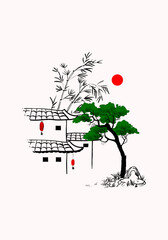 Chinese simple landscape drawing line art, ink vector illustration.