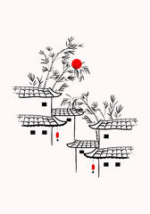 Chinese simple landscape drawing line art, ink vector illustration.