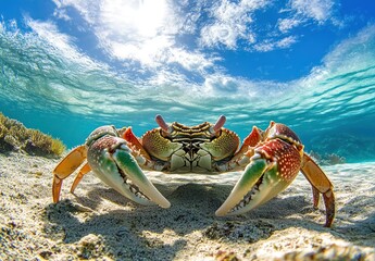 Colorful crab, underwater, coral reef, sunlit shallows