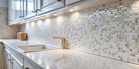 Elegant White Kitchen with Mosaic Backsplash and Modern Fixtures