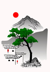 Chinese simple landscape drawing line art, ink vector illustration.