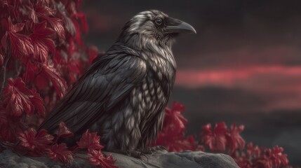 Fototapeta premium Majestic Black Crow on Rocky Ledge Autumn Leaves Stormy Sky