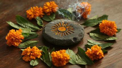 Aromatic Ritual Marigold Flowers Incense and Stone Burner on Wooden Surface