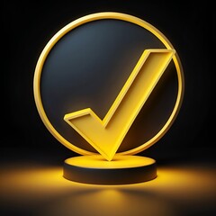 3D yellow check mark inside a glowing circle on a dark podium background. Symbolizes approval, success, or verification in modern business, branding, or UI/UX design concepts.