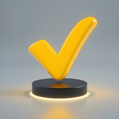 3D yellow check mark symbol on black round podium with glowing base. Sleek, modern design concept representing approval, success, validation, or confirmation in digital and branding visuals.