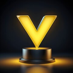 3D golden letter V on a dark pedestal with dramatic lighting. Elegant, futuristic, and minimalistic design perfect for branding, logos, signage, awards, or digital art themes.