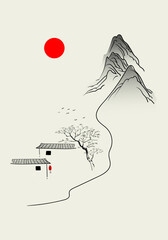 Chinese simple landscape drawing line art, ink vector illustration.