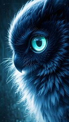 Close-up of a mystical, glowing blue owl with intense cyan eyes, detailed feathers, and dramatic lighting, evoking a fantasy or magical atmosphere in a dark, ethereal setting.
