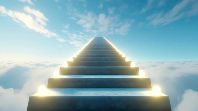 Stairway to sky with glowing light on each step above clouds under bright blue sky, symbolizing hope, ascent, and serene, uplifting pathway to glowing horizon.