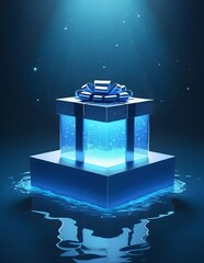 3D illustration of a glowing blue gift box with ribbon, floating on water with magical light particles in a dark ambient background. Ideal for fantasy, celebration, or mystery-themed designs.