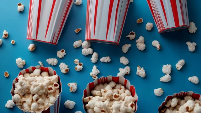 Overfilled popcorn buckets with red stripes placed on a blue surface with spilled kernels, ready for a movie night treat
