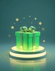 3D rendered green gift box with golden ribbon on a glowing platform, surrounded by floating stars. Perfect for holiday, celebration, or surprise-themed concepts.