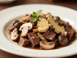 Fototapeta premium Tender beef, earthy mushrooms, and the bold warmth of fresh ginger