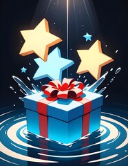 Blue gift box with red ribbon splashing in water under spotlight, surrounded by glowing stars. Festive 3D illustration ideal for celebration, holiday, surprise, or magical-themed design.