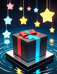 Colorful gift box with red and blue ribbon on reflective platform, surrounded by glowing hanging stars above water. Ideal for festive, fantasy, or holiday-themed creative projects.