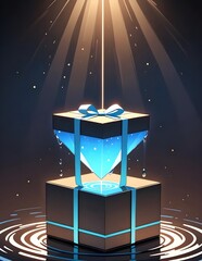 Futuristic gift box with glowing blue diamond shape emerging from the center, surrounded by magical water drops and light rays. Perfect for fantasy, sci-fi, or celebration-themed visuals.