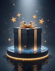 Elegant black gift box with golden ribbon and glowing stars, floating on a futuristic platform. Perfect for luxury, celebration, holiday, or reward-themed concepts in modern digital design.