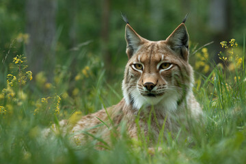 Obraz premium a lynx is sitting in the grass in the woods