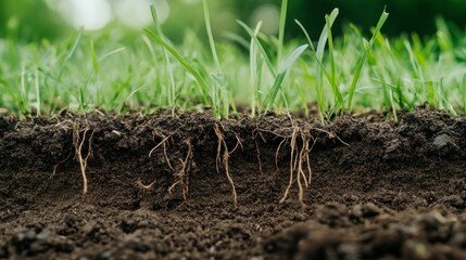Fototapeta premium Close-up view of grass roots. Healthy soil and plants