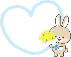 黄色いバラの花束を持つ茶色ウサギとハートフレーム