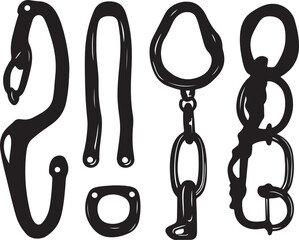 Black and White Vector Illustration of Metal Hooks, Rings, and Chains for Crafts and Design Elements