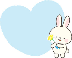 黄色いバラの花束を持つ白ウサギとハートフレーム