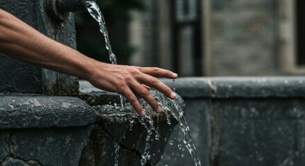 Refreshing Touch: Hand Under Flowing Water Fountain
