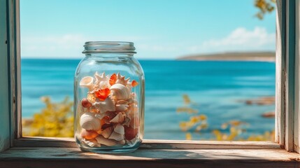 Seashells in a glass jar, ocean view