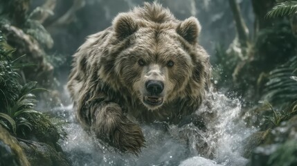 Fototapeta premium Majestic Grizzly Bear Splashing in Misty Forest River