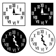 Roman numeral clocks. Square round shapes. Black white vector icons. Wavy hand detail.