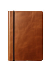 A brown leather notebook with a cover, isolated on transparent background
