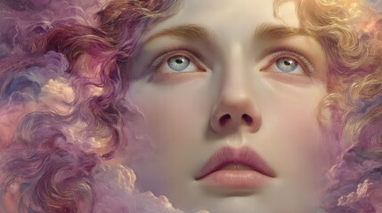 Obraz premium Dreamlike Woman Celestial Clouds Soft Lighting Purple Hues High Resolution Image