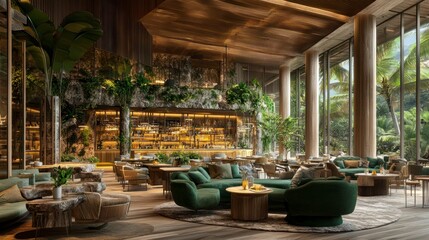 Luxurious, tropical-themed lounge area with rich wood accents and lush greenery.  Open layout featuring comfortable seating, a bar, and expansive views of a tropical garden