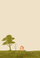 Landscape scene with mountain peaks, hill, lake vector illustration background.