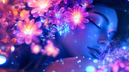 Dreamy, floral portrait of a sleeping woman.  Glowing, vibrant colors